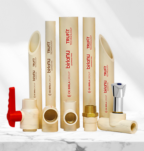 Range of Birlanu CPVC pipe on grey color background.