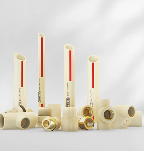 Wavin cpvc pipe product showcase on a grey color background.